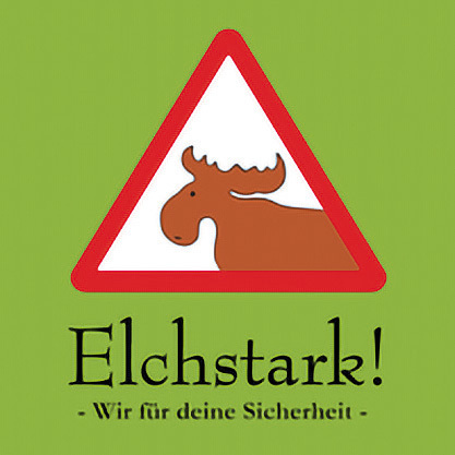 Logo des Projekts ‚Elchstark! – Wir für deine Sicherheit‘ mit einer stilisierten Elch-Warnschild-Grafik. Ein rotes Dreieck mit einem braunen Elchkopf auf weißem Hintergrund, darunter der Schriftzug auf grünem Hintergrund