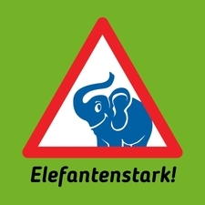 Logo Elefantenstark! mit blauem Elefanten in einem roten Warnschild auf grünem Hintergrund.