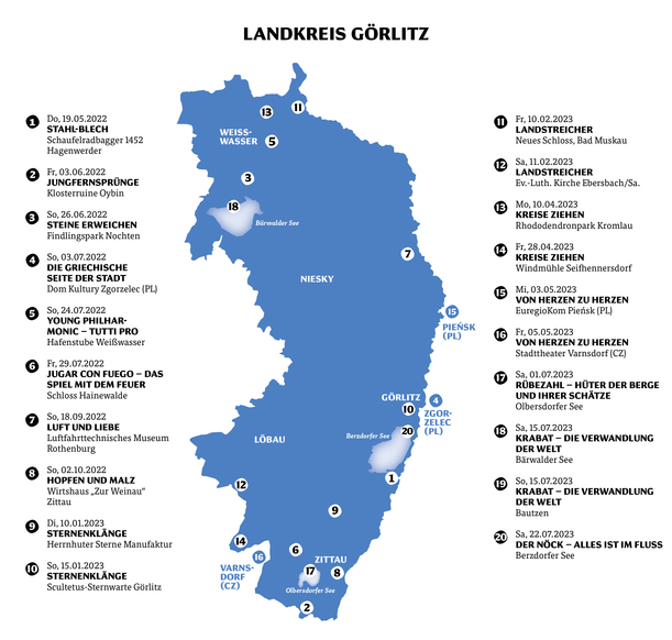 Übersichtskarte des Landkreises Görlitz mit Veranstaltungsorten und Konzertterminen.