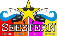 Logo von SEESTERN mit einem gelben, Sonnenbrillen tragenden Stern, buntem Hintergrund und Angeboten wie Verleih, Shop, Bar und Events