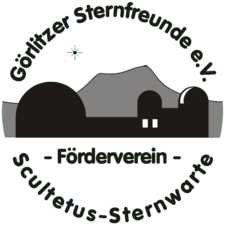 Rundes Logo des Vereins Görlitzer Sternfreunde e.V. mit stilisierter Darstellung der Schultetus-Sternwarte und einem Sternsymbol