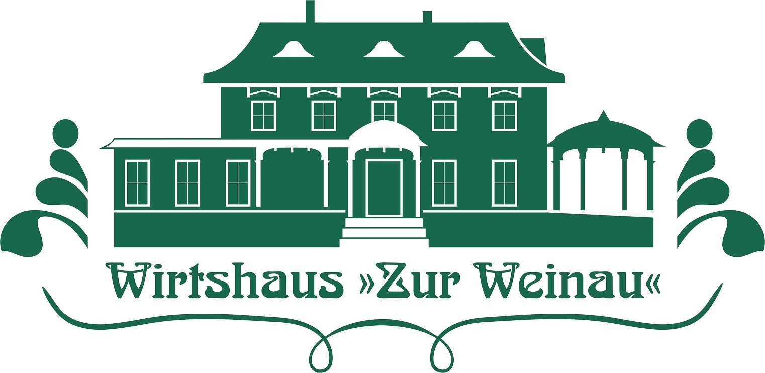 Grünes Logo des Wirtshauses ‚Zur Weinau‘ mit einer stilisierten Abbildung des Gebäudes und einem Pavillon