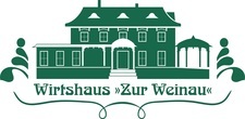 Grünes Logo des Wirtshauses ‚Zur Weinau‘ mit einer stilisierten Abbildung des Gebäudes und einem Pavillon