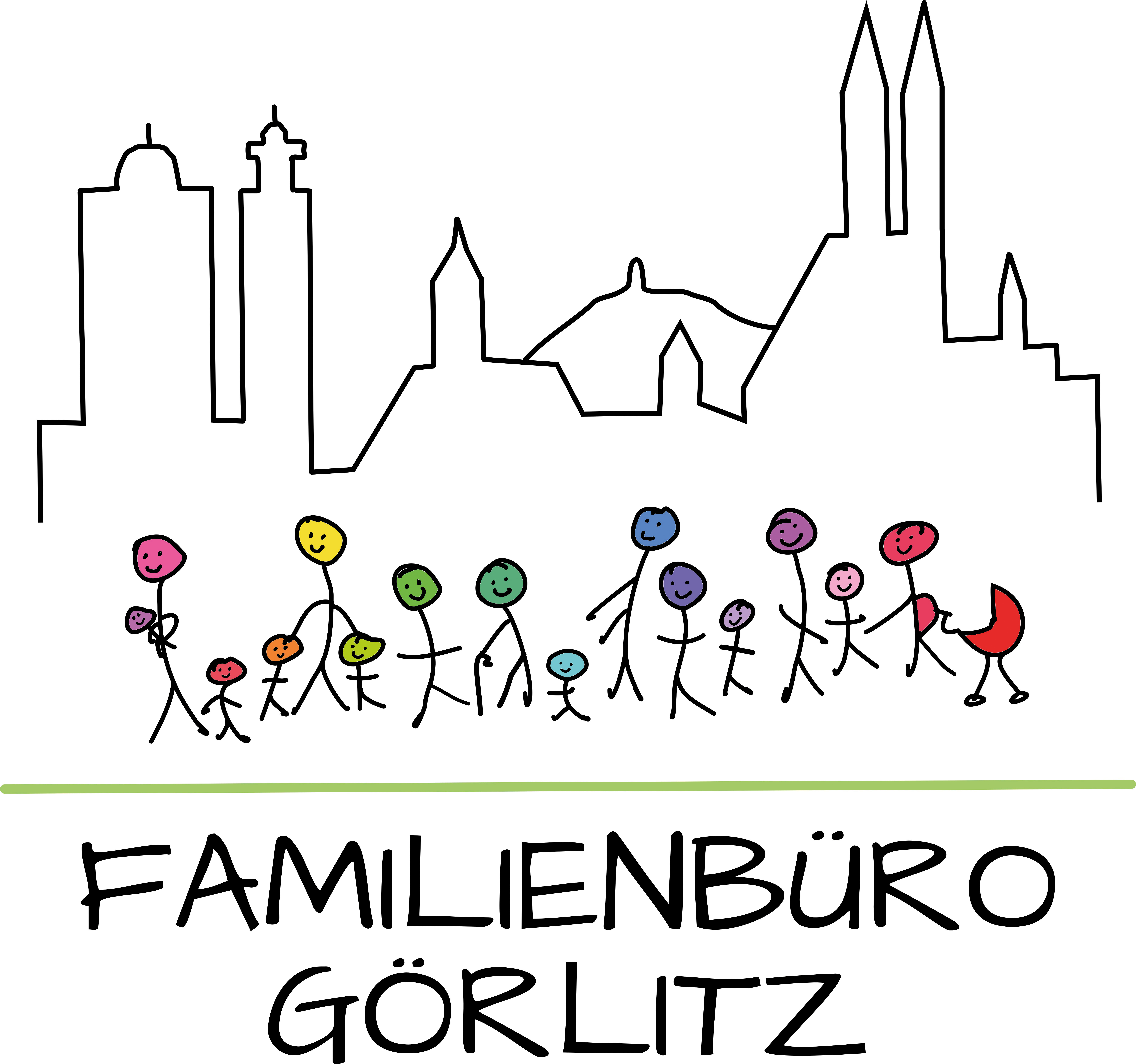 Logo des Familienbüros Görlitz mit einer gezeichneten Stadt-Silhouette und bunten Strichmännchen