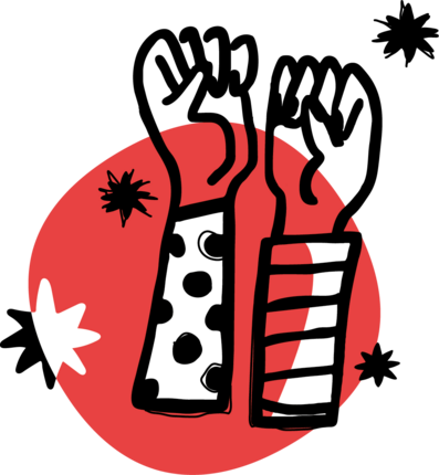 rot-weiße Skizze mit zwei schwarzen Fäusten die sich in die Luft strecken