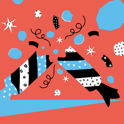 Abstrakte Illustration eines blau-weiß-schwarzen Knallbonbons, gepunktet, welches aufgeploppt ist. Außerdem blaue Punkte vor einem ziegelroten Hintergrund.