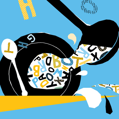 Abstrakte Illustration eines schwarzen Tellers und Kelle vor hellblauem Hintergrund. Aus dem Kelle und auf dem Teller fliegen verstreute Buchstaben und Symbole in Schwarz, Weiß, Gelb und Hellblau. Der Teller ist mit typografischen Mustern gefüllt, da