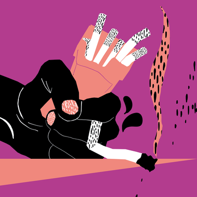 Stilisierte Illustration einer Hand, die eine brennende Zigarette ausdrückt. Der aufsteigende Rauch bildet die Silhouette eines Gesichts im Profil vor violettem Hintergrund.