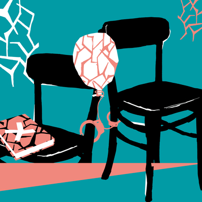 Abstrakte Illustration eines Raums mit schwarzen Stühlen, einem gefesselten Ballon und einem Buch mit Kreuzsymbol vor türkisfarbenem Hintergrund.
