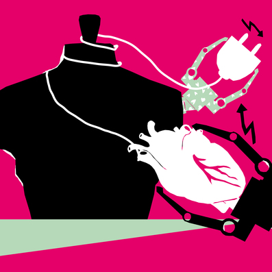 Abstrakte Illustration einer schwarzen Schneiderpuppe, umwickelt mit einem weißen Kabel, dessen Stecker sowie das andere Ende in Form eines anatomischen Herzens durch Roboter-Arme gehalten wird. Hintergrund ist dunkelpink.