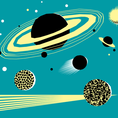 Stilisierte Weltraumszene mit mehreren Planeten, darunter ein großer Ringplanet, vor türkisfarbenem Hintergrund.