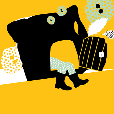 Abstrakte Illustration von grünen Beinen mit weißen Punkten in schwarzen Stiefeln, die aus einer offenen Tür bei einer schwarzen Wand hängen. Hintergrund senfgelb.