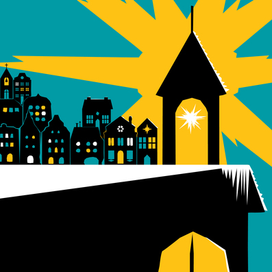 Abstrakte Illustration einer beleuchteten Stadtsilhouette vor dunklem türkisen Hintergrund. Im Vordergrund leuchtet senfgelb ein Stern in einem Turm.