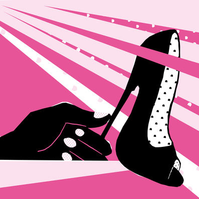 Abstrakte Illustration einer schwarzen Hand, die einen schwarzen Highheel hält. Der Hintergrund besteht aus pinken und hellrosa Strahlen mit weißen Punkten. Der Highheel hat ein weißes Innenfeld mit schwarzen Punkten. Die Grafik wirkt kontrastreich,