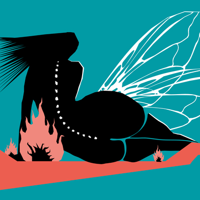 Abstrakte Illustration einer Silhouette einer Frau (Rückansicht) mit transparenten Flügeln vor türkisfarbenem Hintergrund. Die Frau liegt seitlich am Boden, umgeben von stilisierten rosa Flammen. Weiße Linien und Punkte setzen grafische Akzente. Die