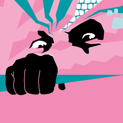 Abstrakte Illustration eines schwarzen Gesichts mit weit aufgerissenen Augen vor rosa Hintergrund. Türkisfarbene Strahlen verlaufen vom Kopf nach oben und erzeugen einen dramatischen Eindruck.