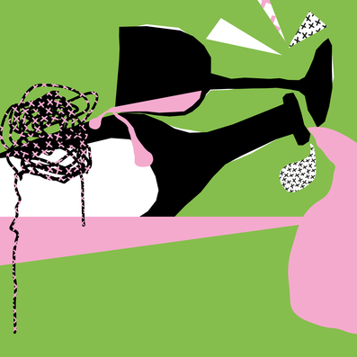 Abstrakte Illustration mit einer Flasche Wein und einem Glas Wein in Schwarz vor einem grünen Hintergrund