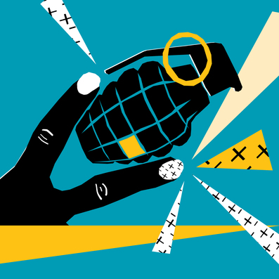 Abstrakte Illustration von gespreiztem schwarzen Zeige- und Mittelfinger, die eine Handgranate halten, vor blauem Hintergrund