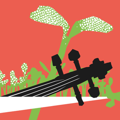 Abstrakte Illustration einer Violinen-Kopfes vor einen roten Hintergrund mit grünen Pflanzensprossen