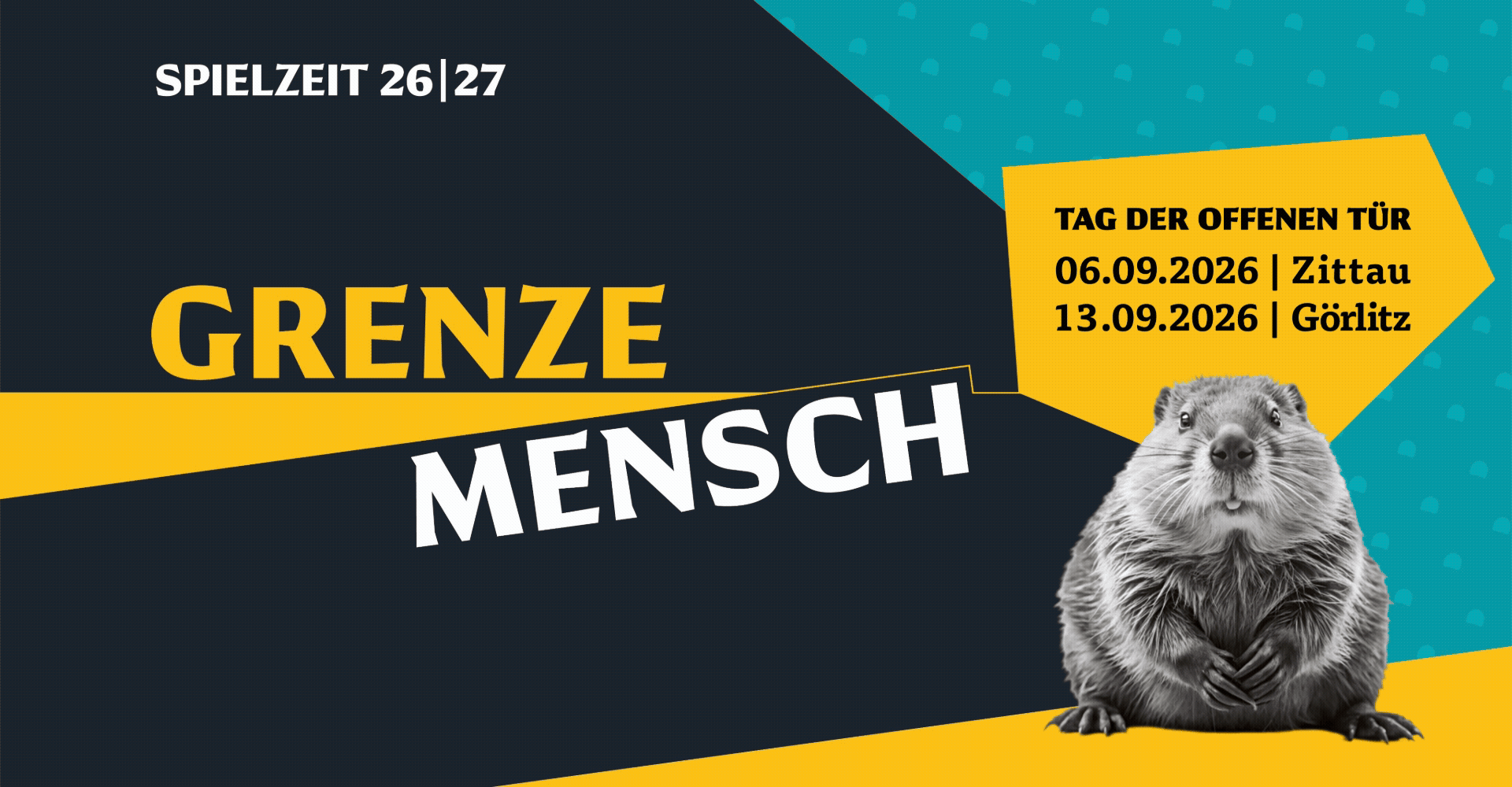 Titelbild: Grenze Mensch mit einem Biber in schwarz-weiß vor einen Hintergrund aus gelben, schwarzen und türkisen Flächen